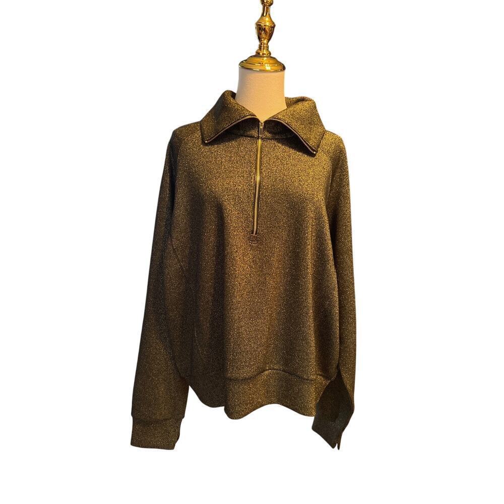 Spanx Air Essentials Shine Half Zip. Very Black/Gold. NWT. Size 1X